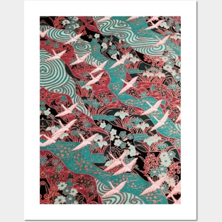 FLYING WHITE CRANES ON BLUE WATERS AND SPRING FLOWERS Antique Red Teal Green Japanese Floral Posters and Art